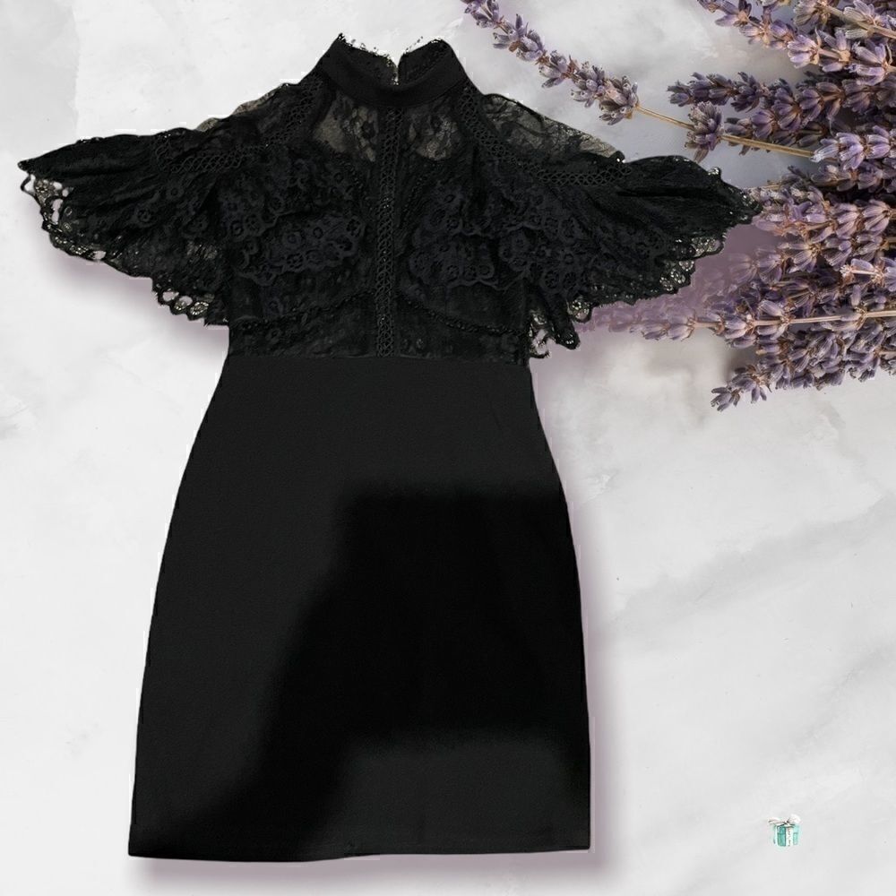 Black Small Fashion Nova Mini Dress with Lace Shoulder Cape